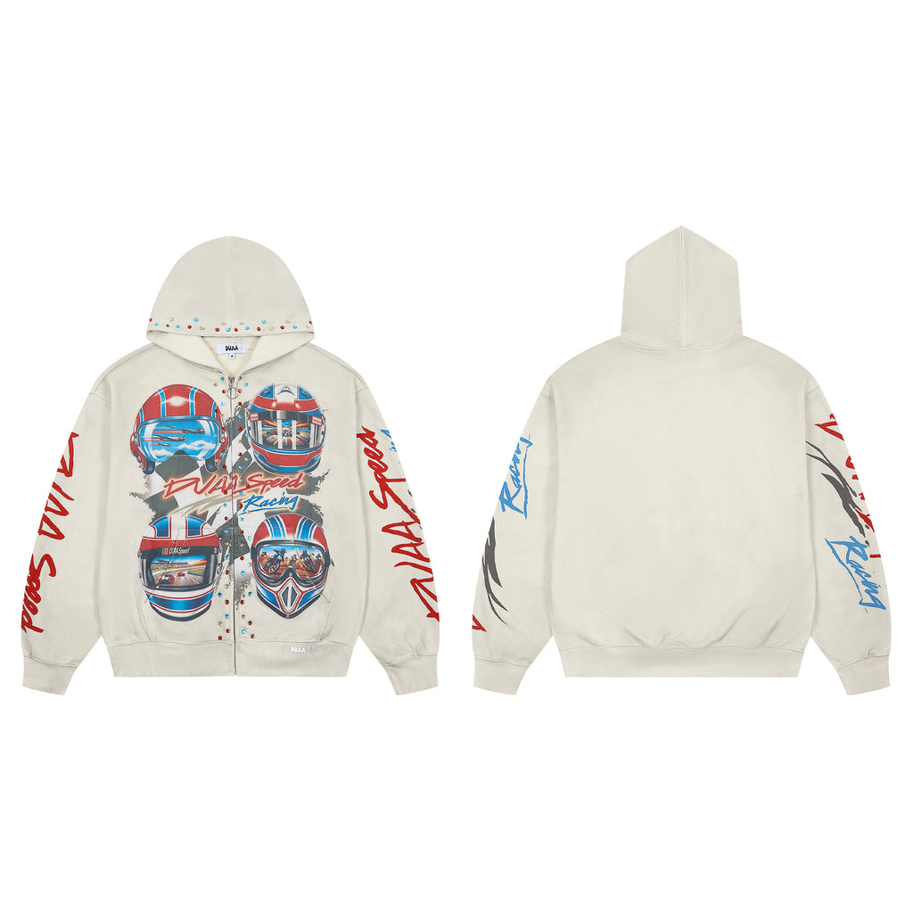 DUAA Racing Helmet Vintage Washed Beige Zip Up Hoodie