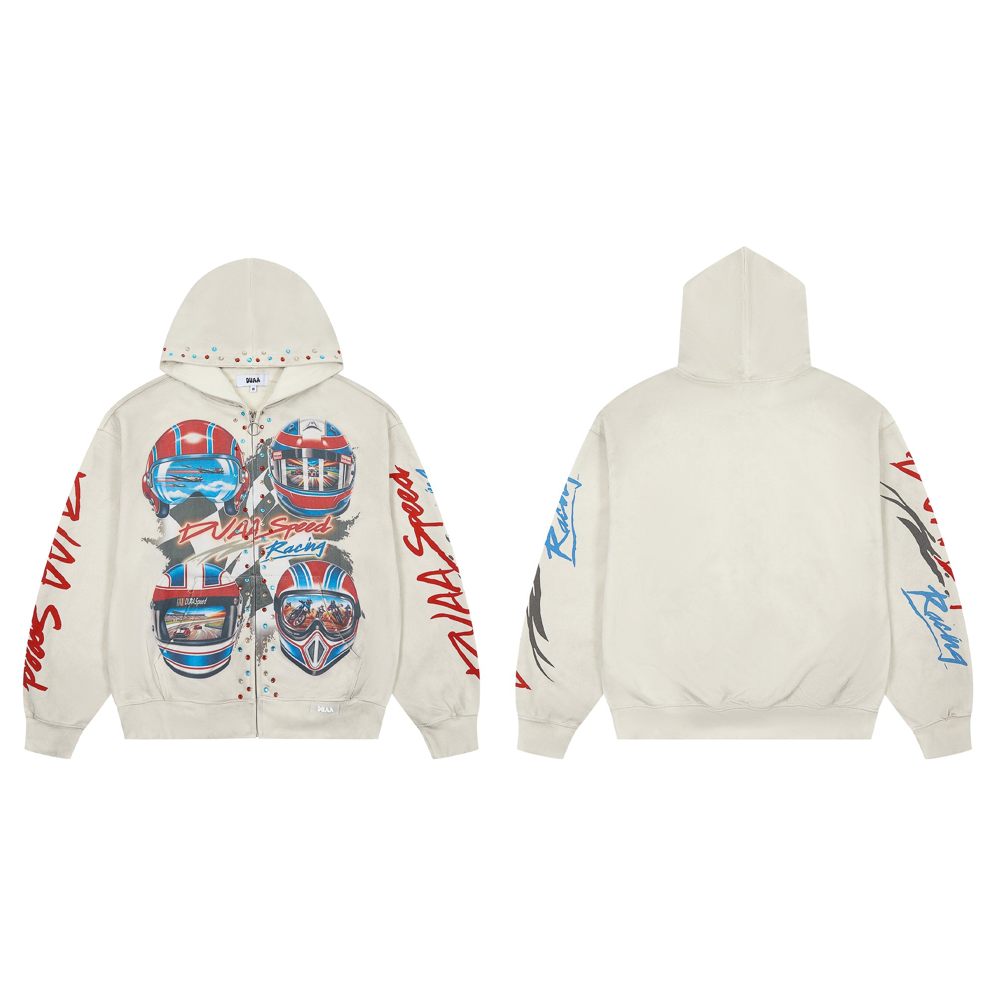 DUAA Racing Helmet Vintage Washed Beige Zip Up Hoodie