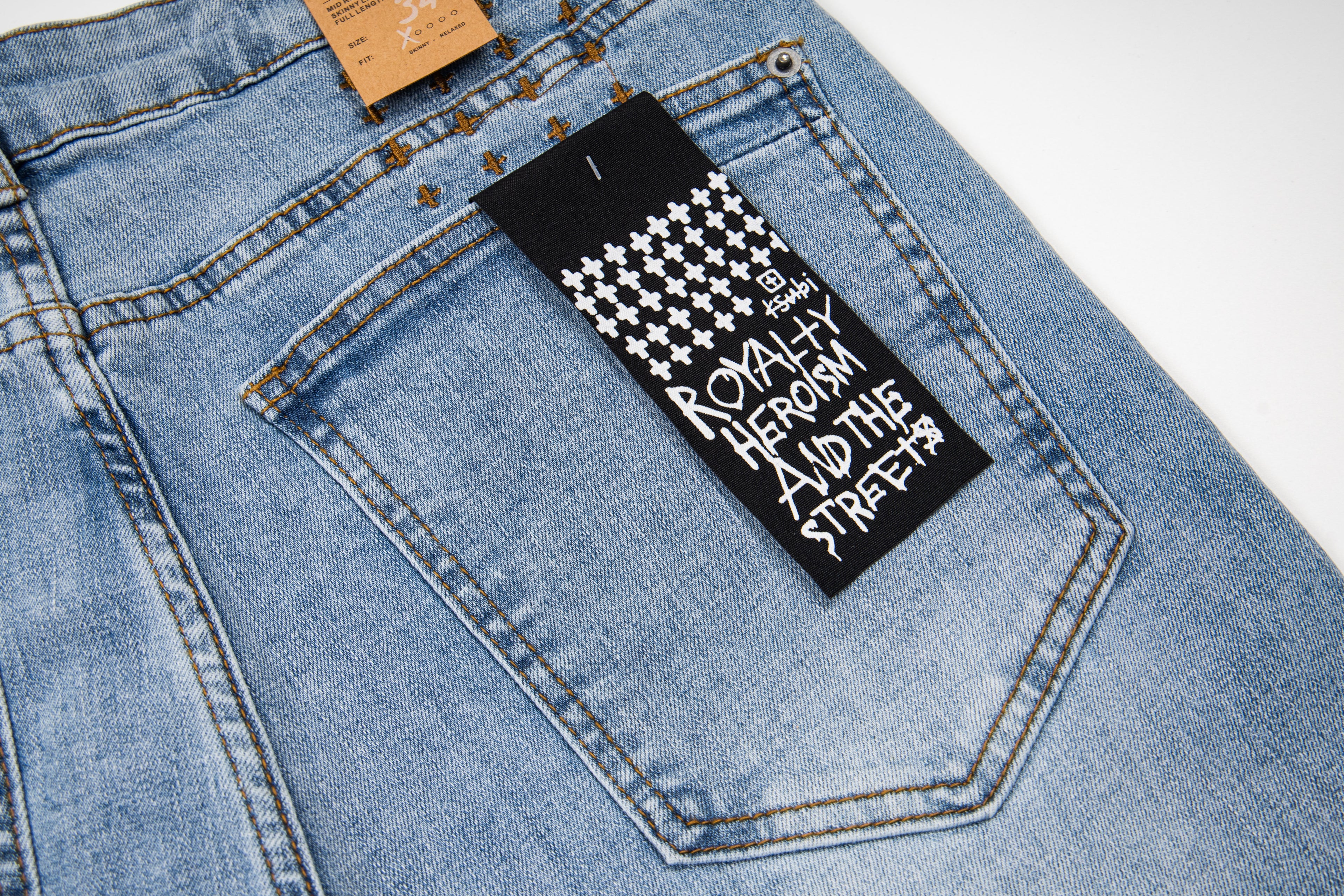 Ksubi Splatter Paint Letter Patch Light Wash Slim Jeans