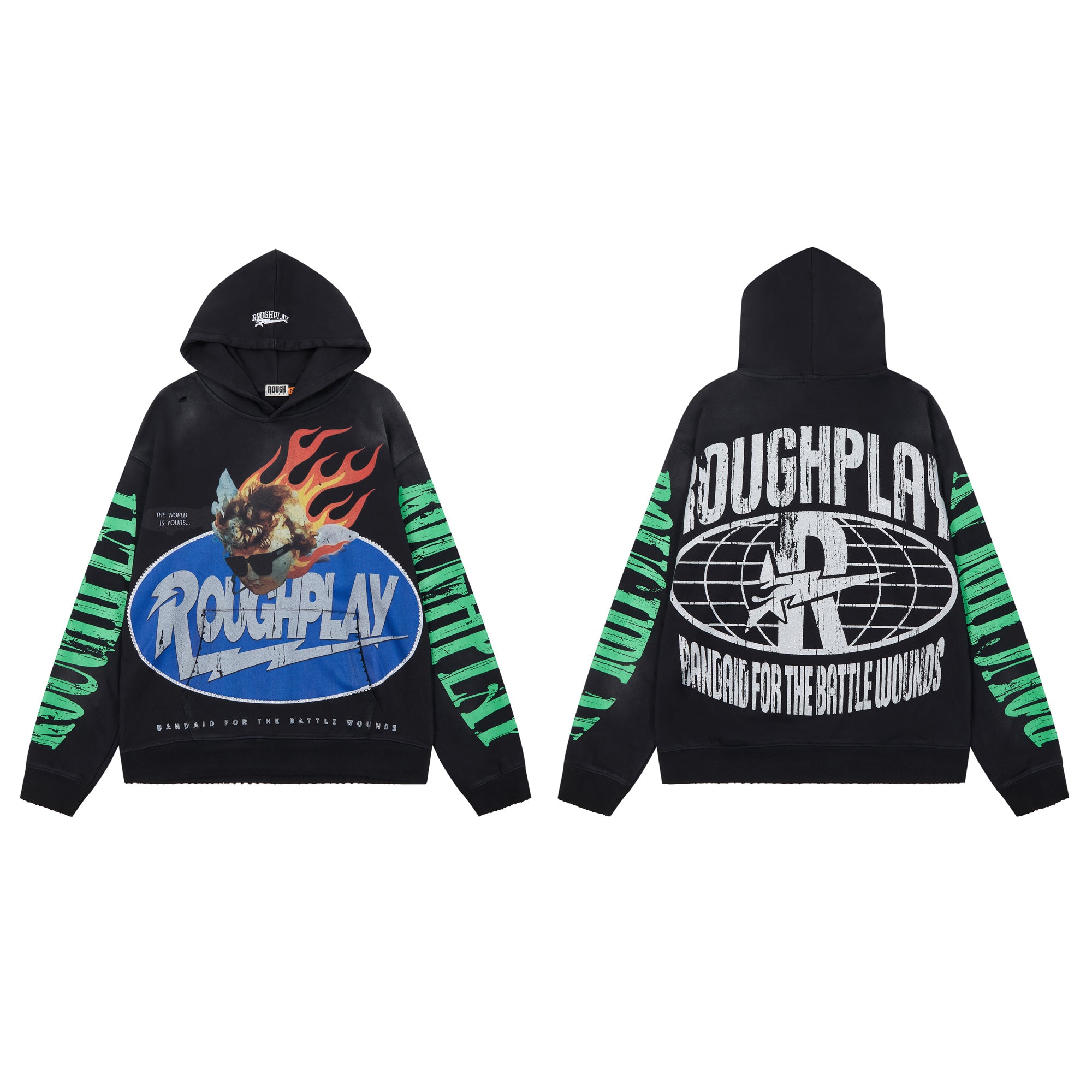 ROUGHPLAY Flame Figure Vintage Distressed Graphic Hoodie