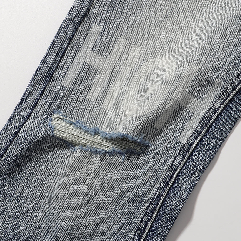 Ksubi HIGH Letter Print Distressed Light Blue Slim Jeans