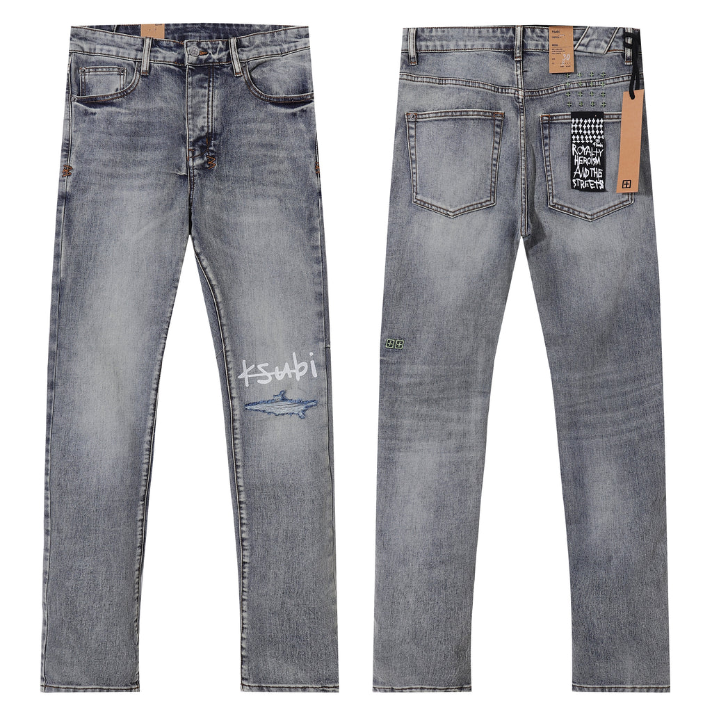 Ksubi Printed Logo Ripped Grey Wash Slim Jeans