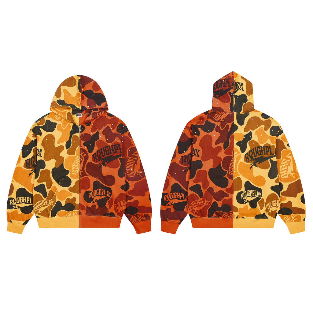 ROUGHPLAY Split Camo Rhinestone Zip-Up Hoodie