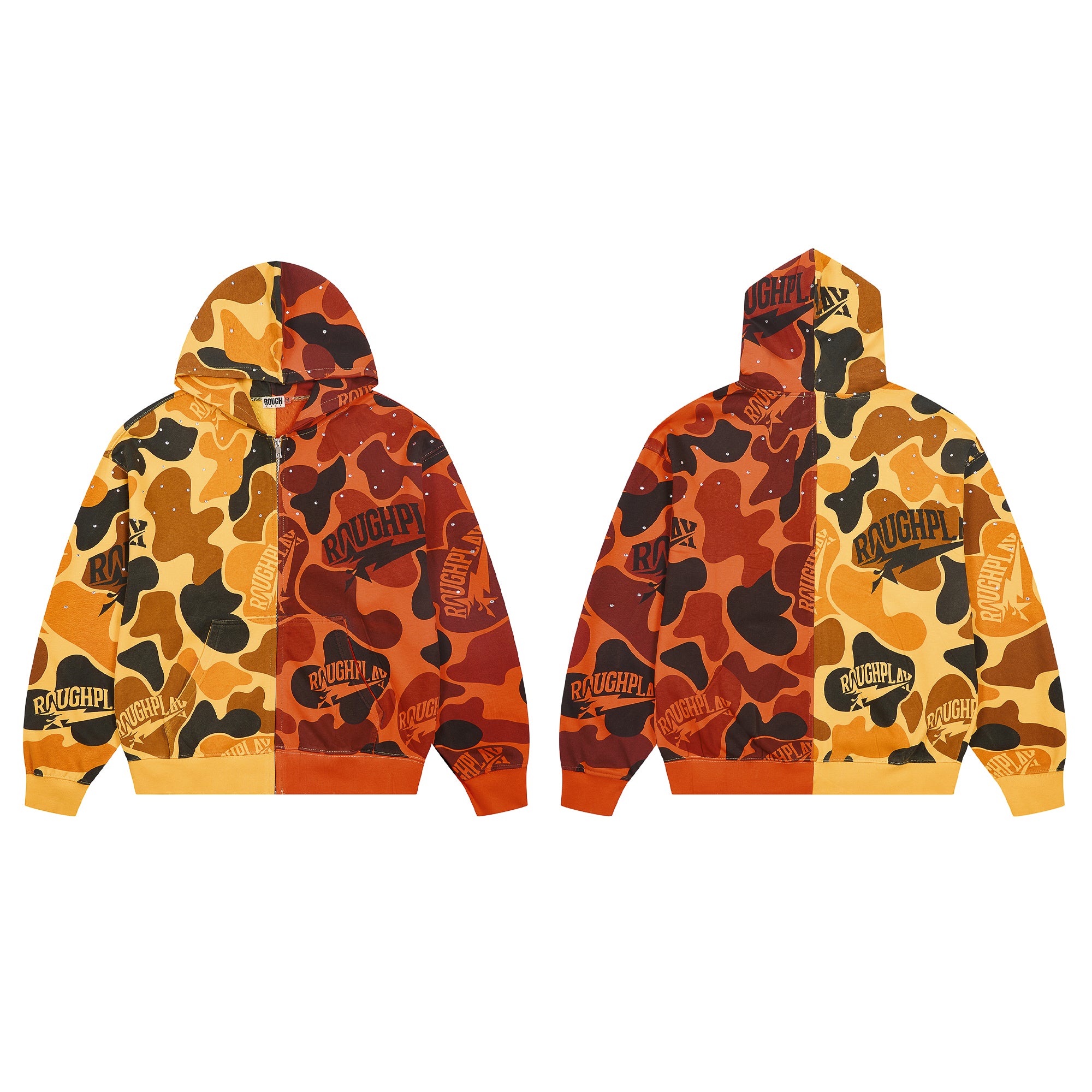 ROUGHPLAY Split Camo Rhinestone Zip-Up Hoodie