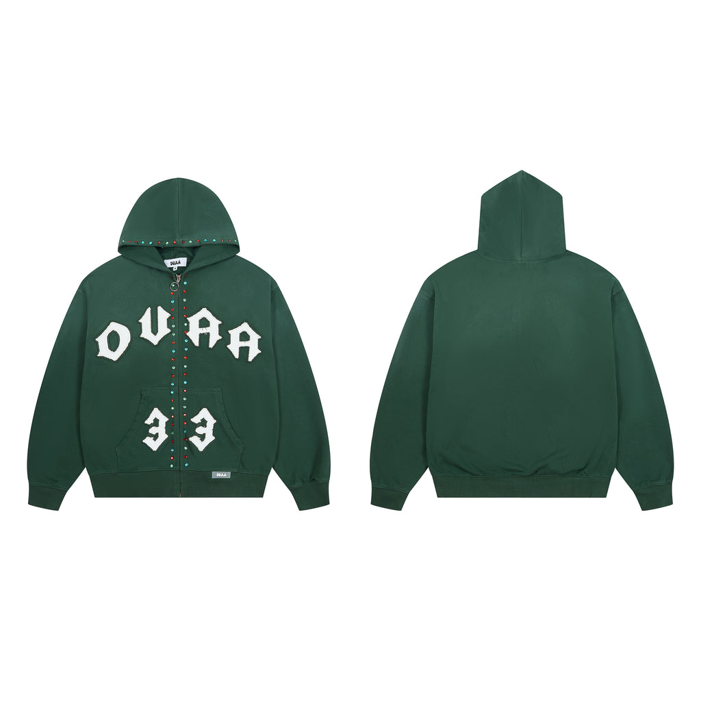DUAA Gothic Letter 33 Rhinestone Dark Green Zip Up Hoodie