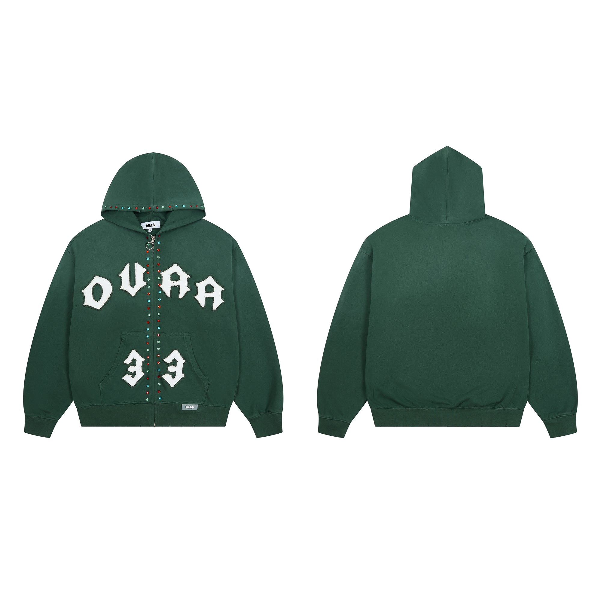 DUAA Gothic Letter 33 Rhinestone Dark Green Zip Up Hoodie