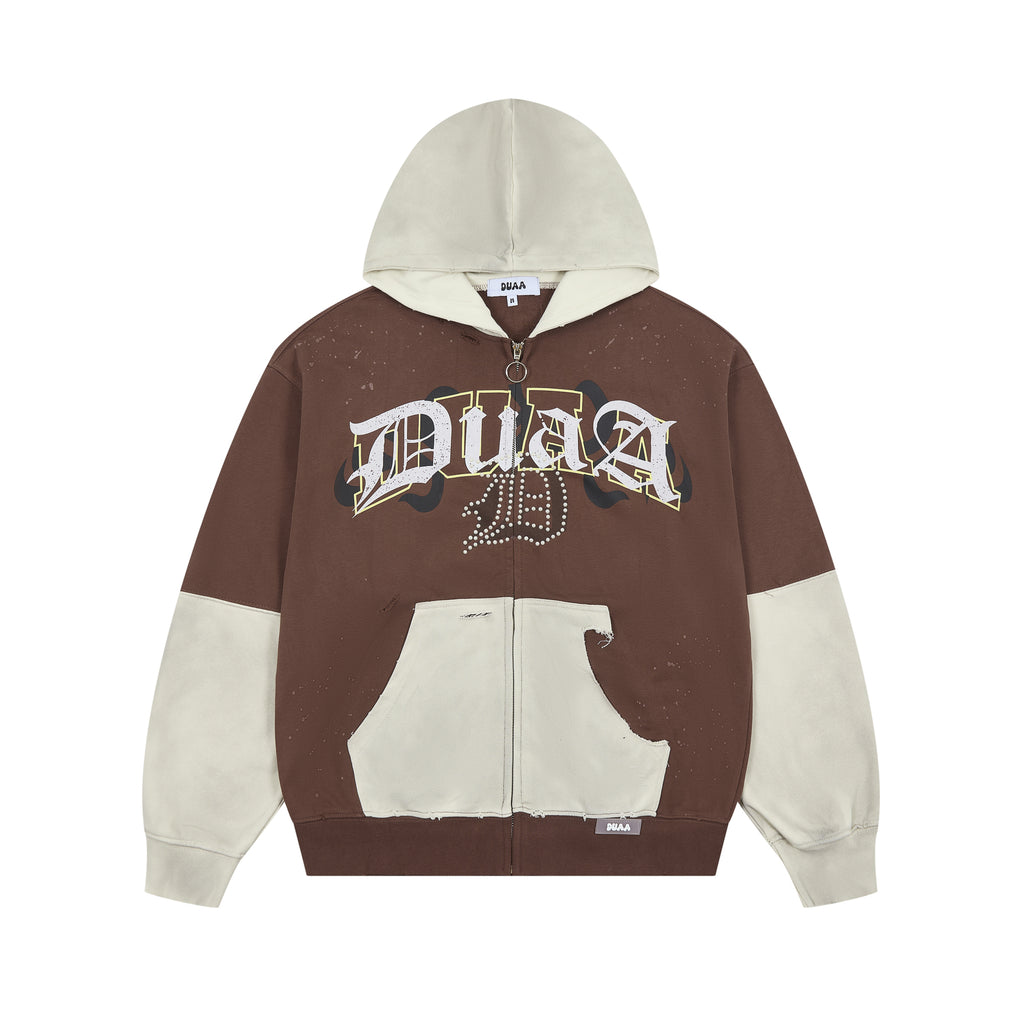 DUAA Gothic Logo Rhinestone Color Block Zip Up Hoodie