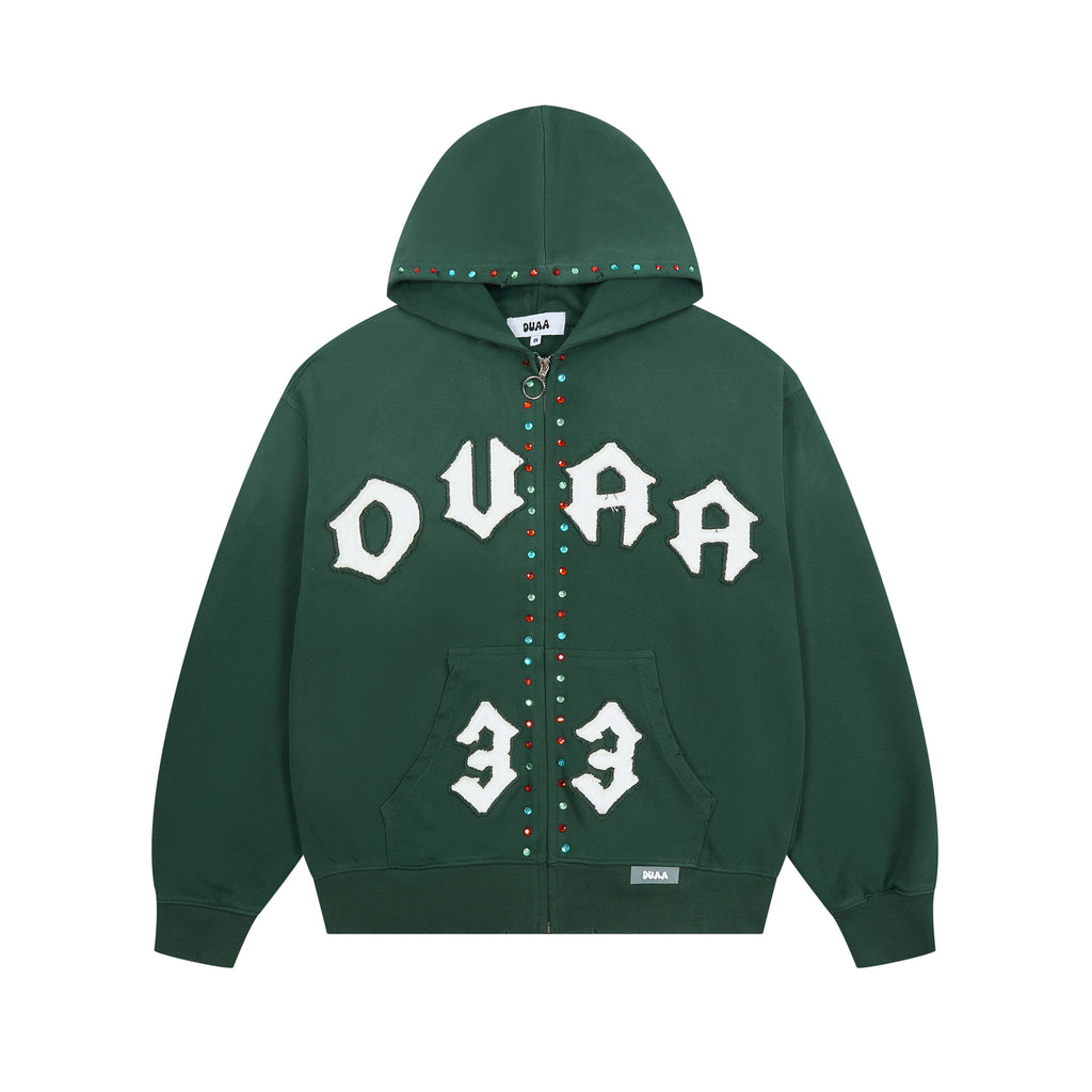 DUAA Gothic Letter 33 Rhinestone Dark Green Zip Up Hoodie