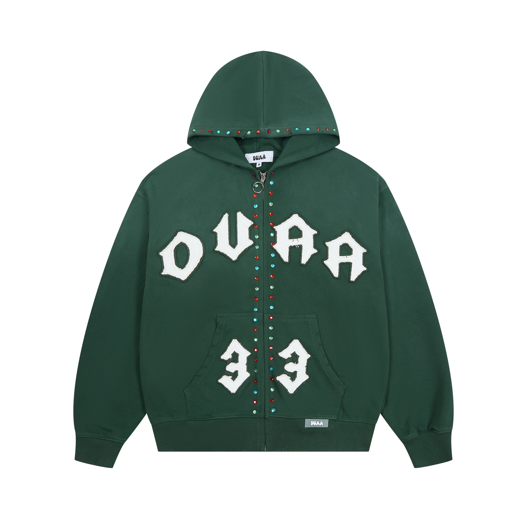 DUAA Gothic Letter 33 Rhinestone Dark Green Zip Up Hoodie