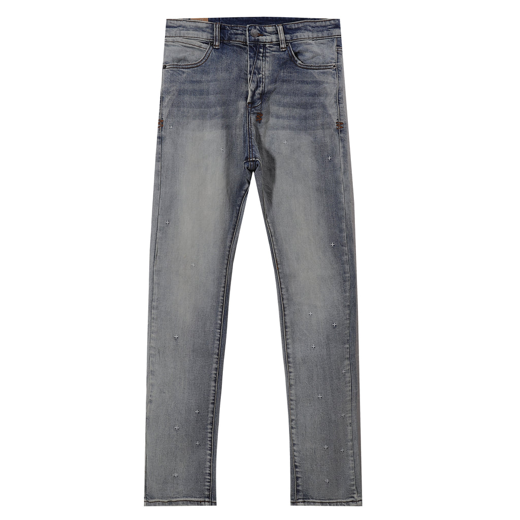 Ksubi Allover Cross Embroidery Light Washed Slim Jeans
