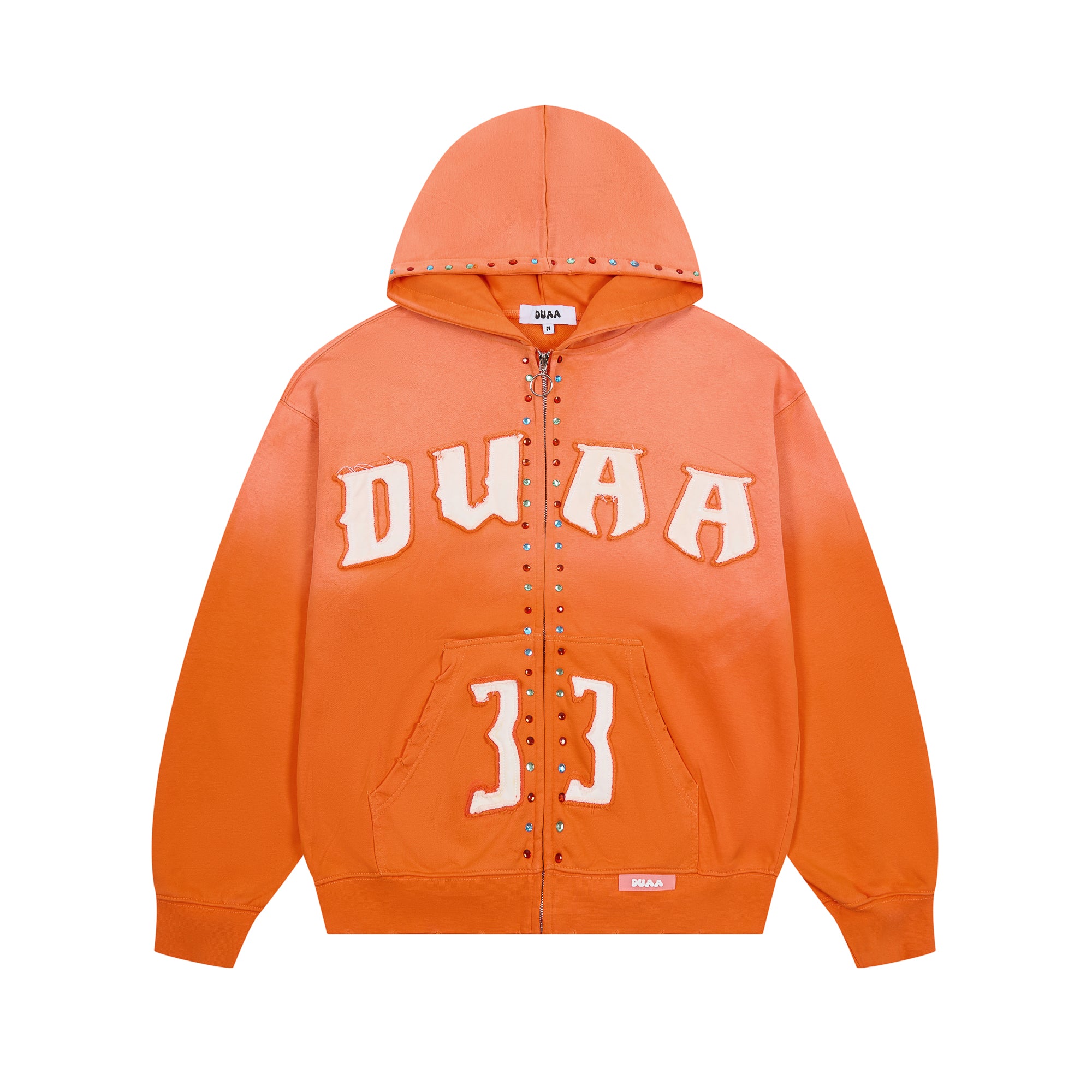 DUAA Gothic Letter 33 Rhinestone Orange Zip Up Hoodie
