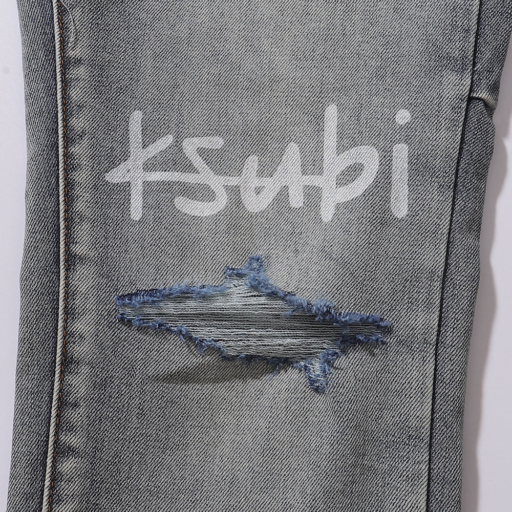 Ksubi Printed Logo Ripped Grey Wash Slim Jeans