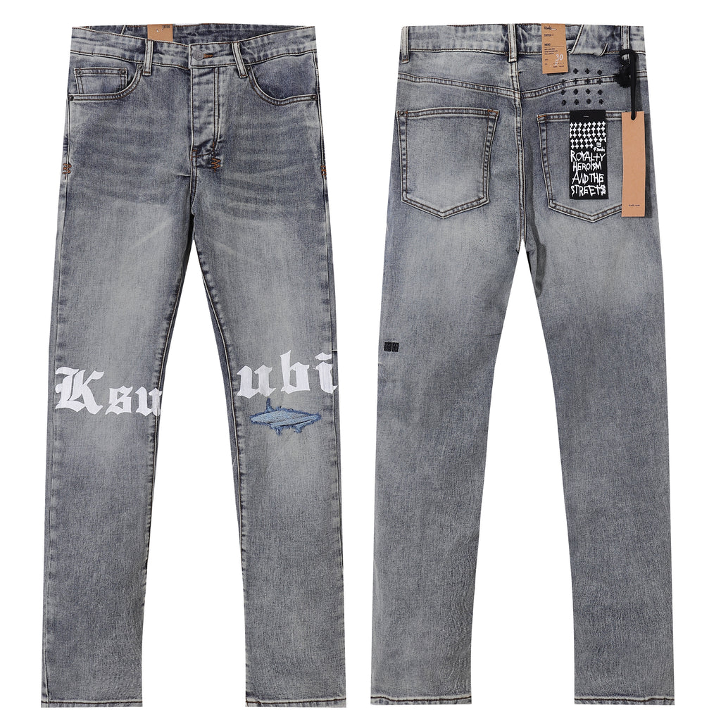 Ksubi Gothic Letter Shark Embroidery Grey Wash Slim Jeans