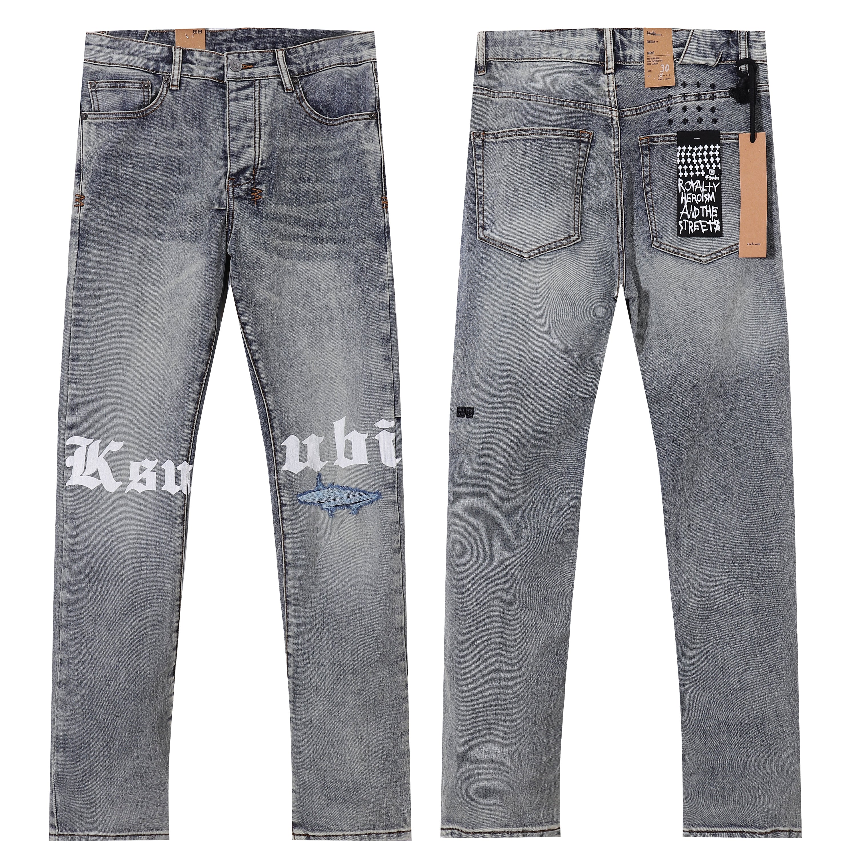 Ksubi Gothic Letter Shark Embroidery Grey Wash Slim Jeans