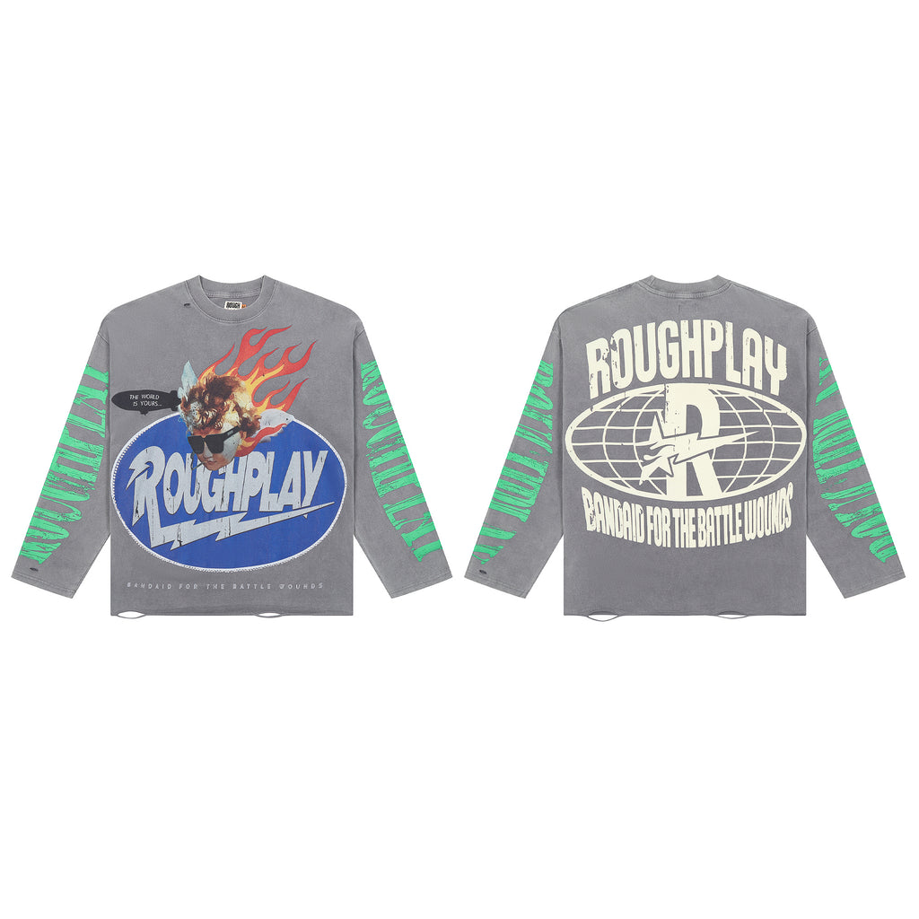 ROUGHPLAY Flame Angel Kid Grey Vintage Long Sleeve Tee