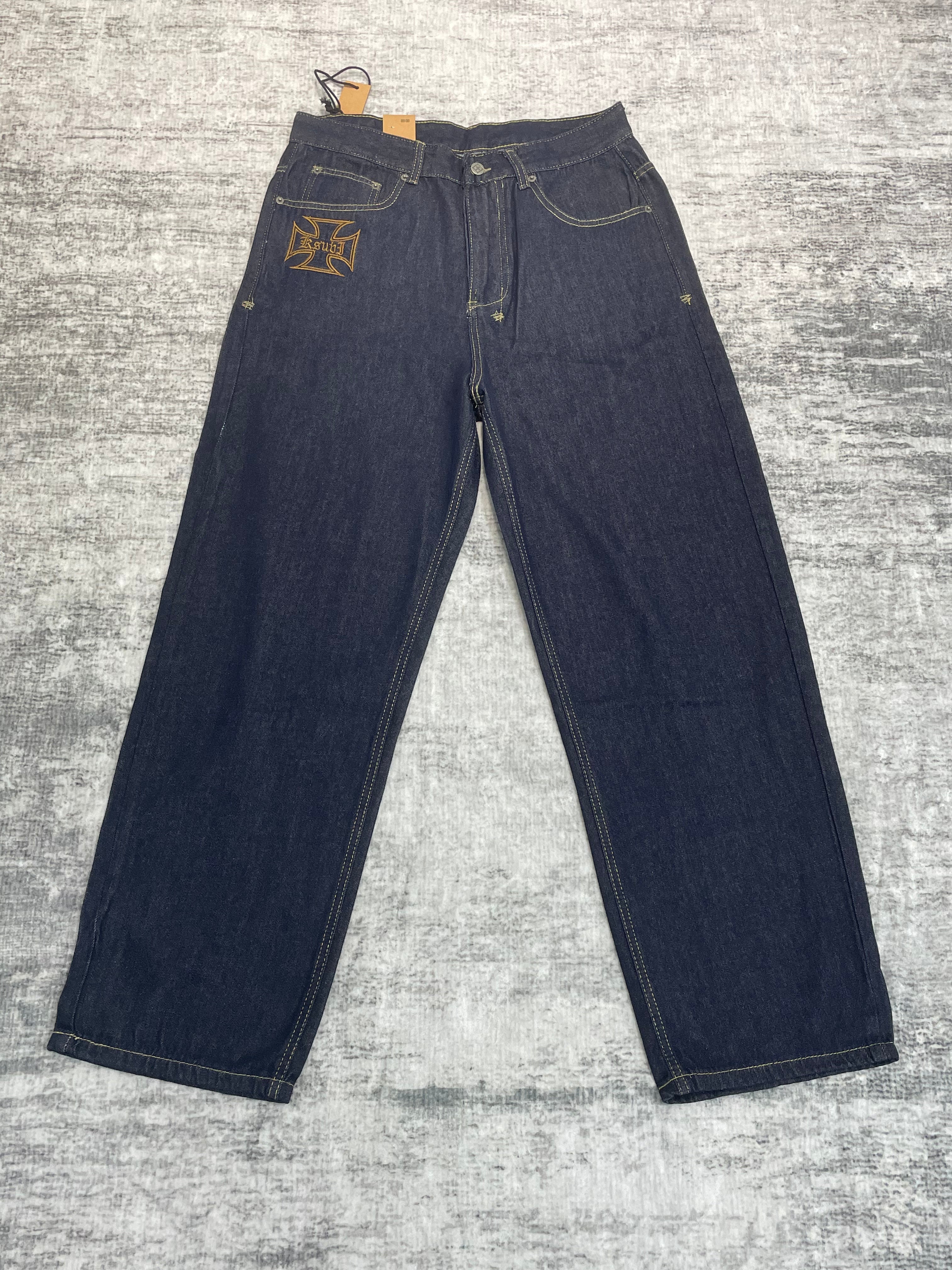 Ksubi Gothic Letter Embroidered Raw Denim Baggy Jeans