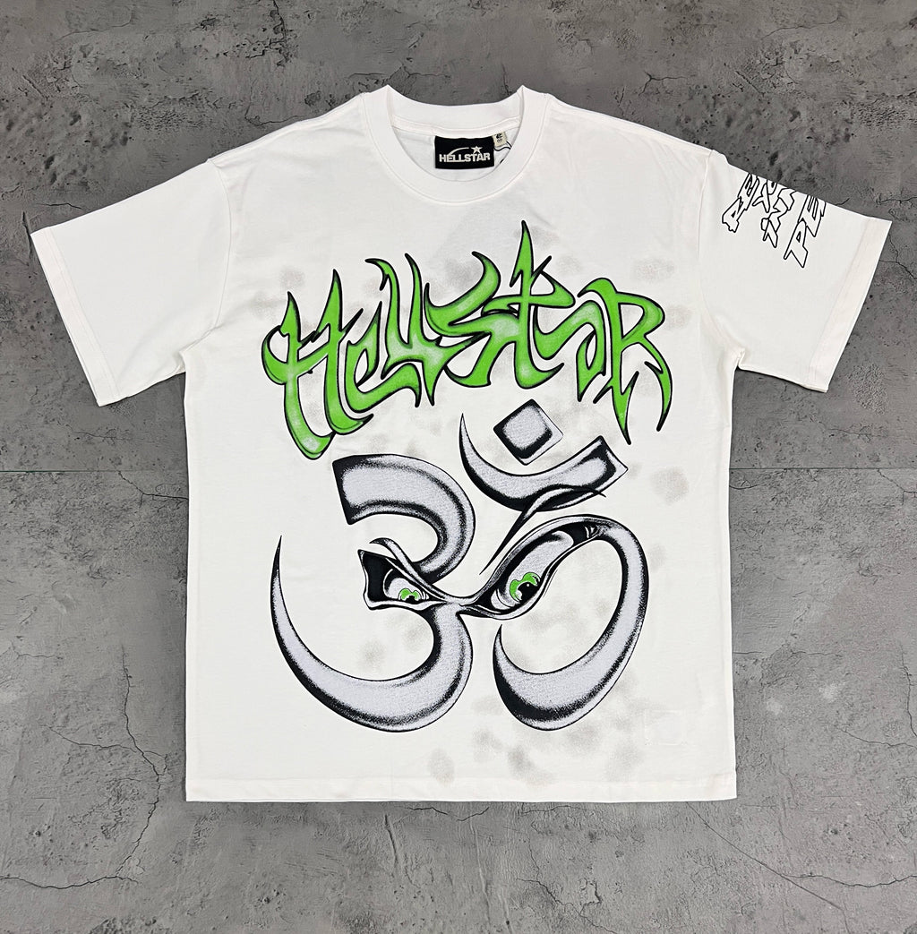 Hellstar Om Symbol Green Graffiti White Tee