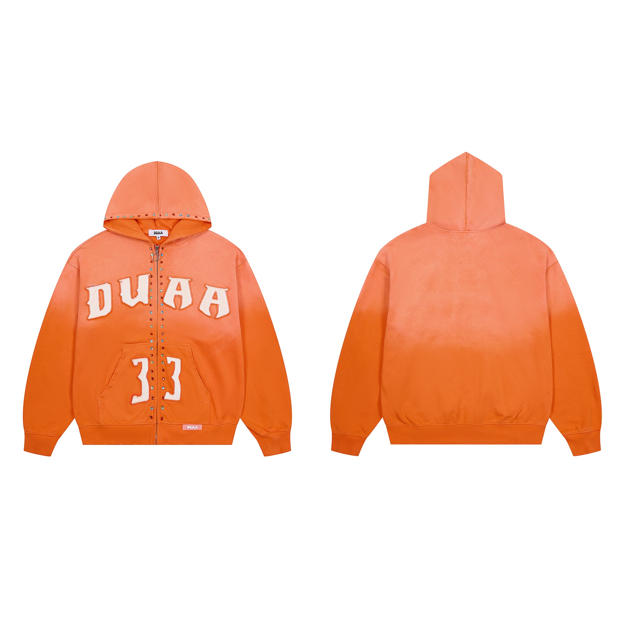 DUAA Gothic Letter 33 Rhinestone Orange Zip Up Hoodie
