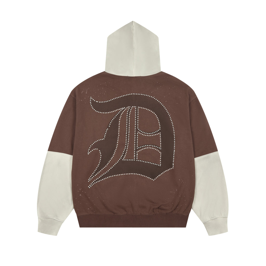 DUAA Gothic Logo Rhinestone Color Block Zip Up Hoodie