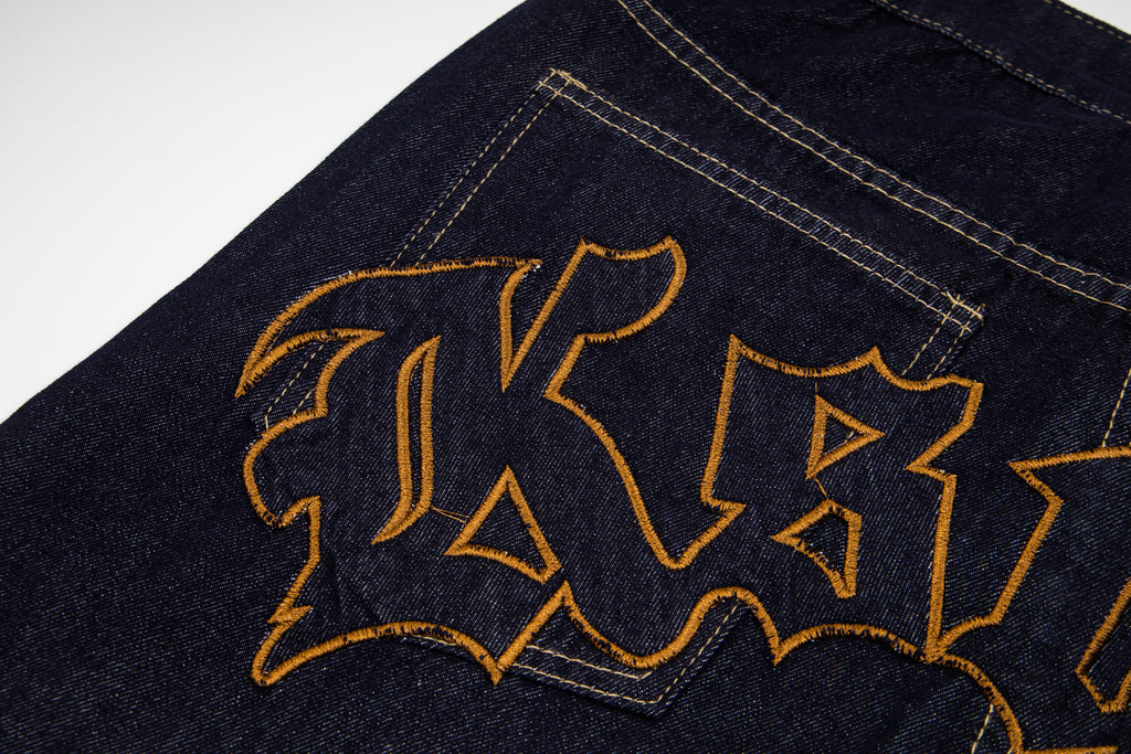 Ksubi Gothic Letter Embroidered Raw Denim Baggy Jeans