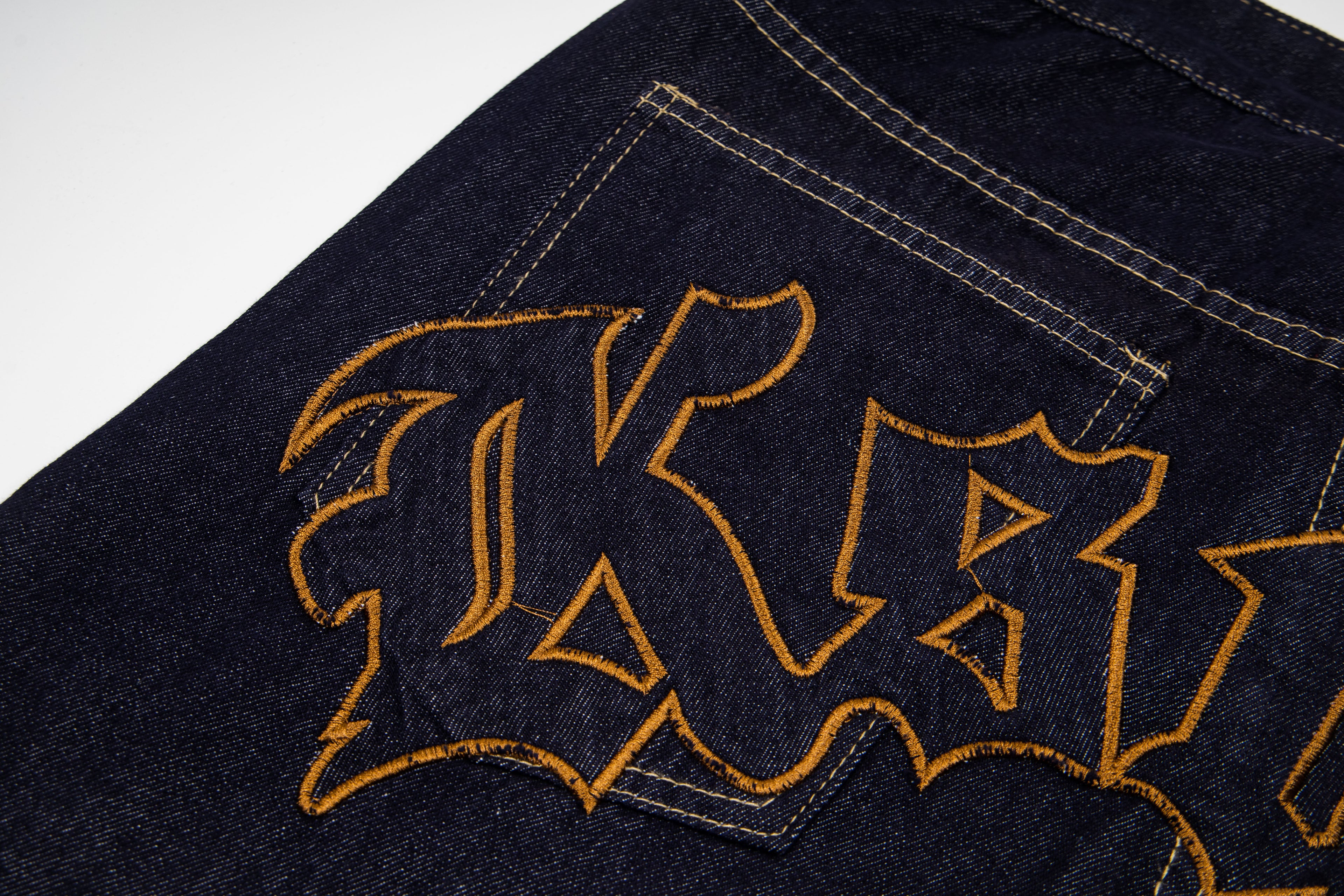 Ksubi Gothic Letter Embroidered Raw Denim Baggy Jeans