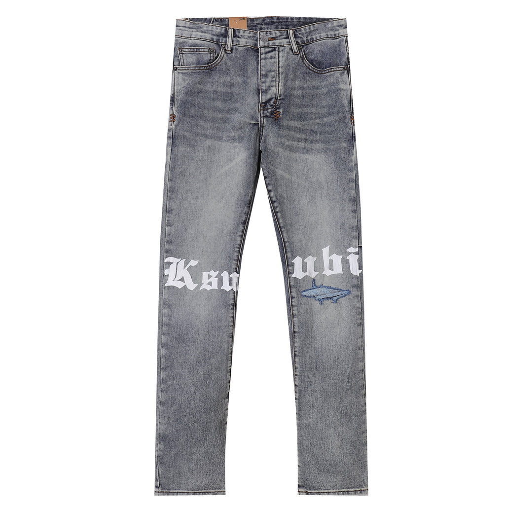 Ksubi Gothic Letter Shark Embroidery Grey Wash Slim Jeans