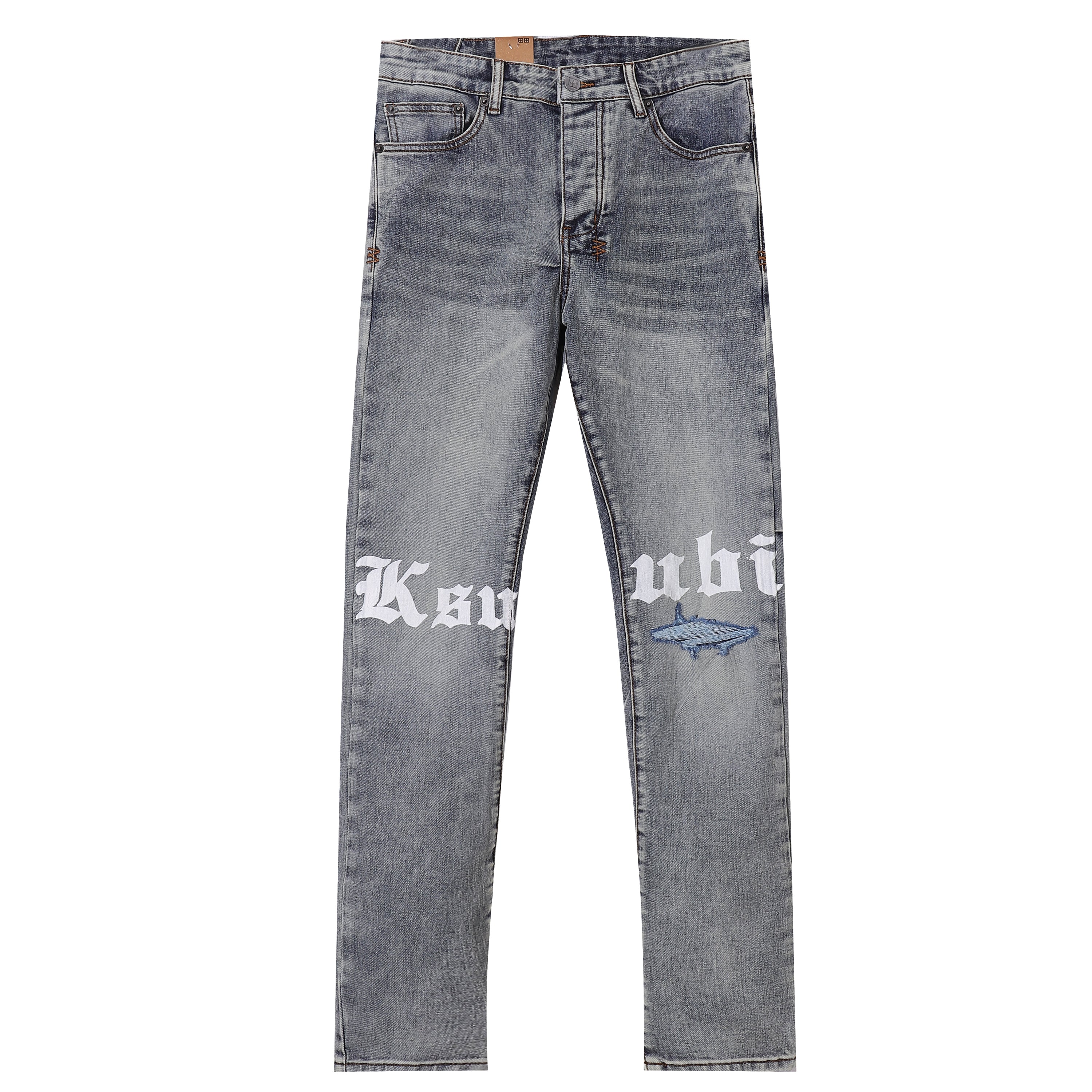 Ksubi Gothic Letter Shark Embroidery Grey Wash Slim Jeans