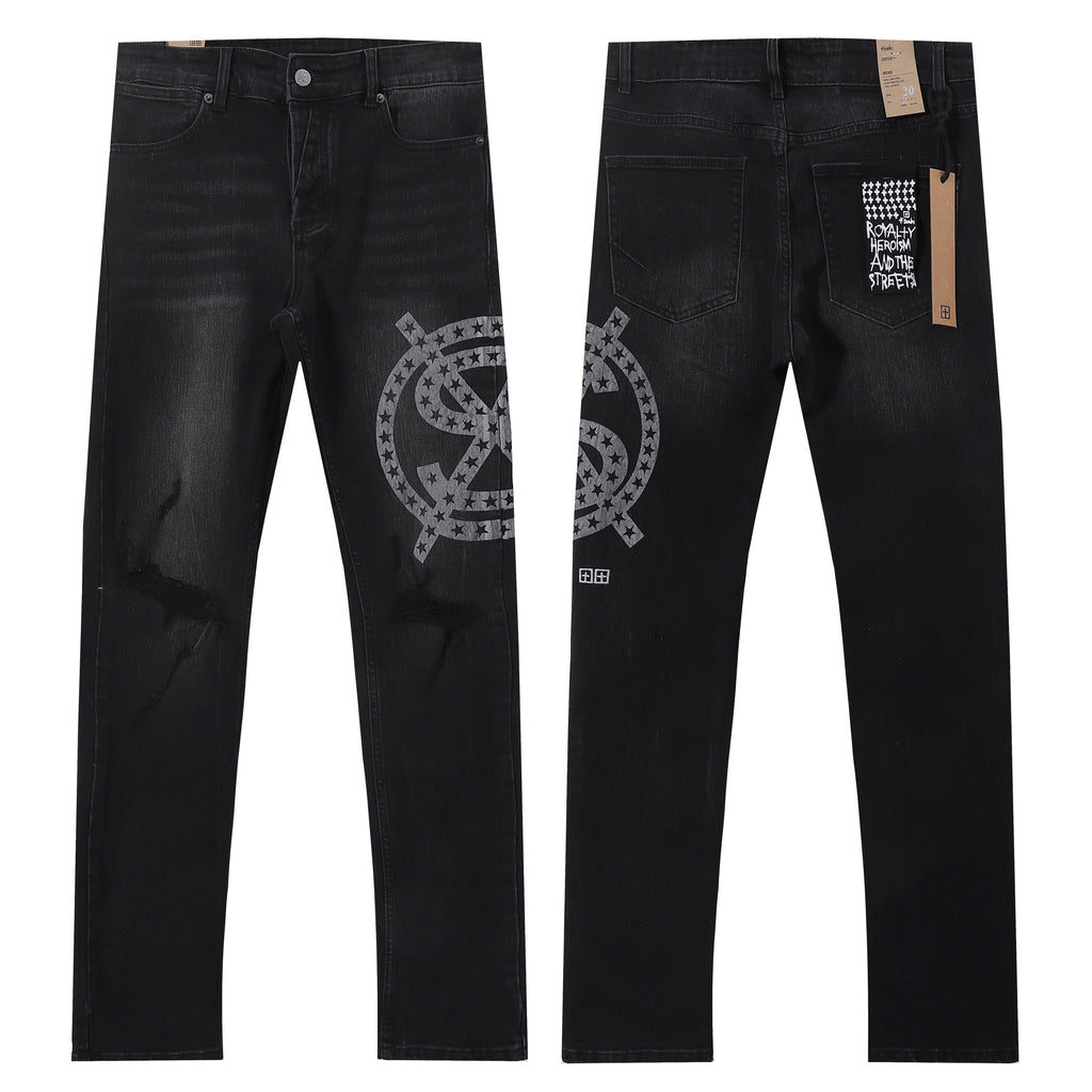 Ksubi Star Circle Logo Print Distressed Black Washed Slim Jeans